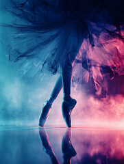 Close-up of a ballerina's legs as she dances on stage in pointe shoes.