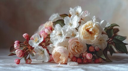 Delicate Floral Arrangement Featuring Soft Pink and White Blooms on a Subtle Background with Artistic Lighting and Textured Fabric