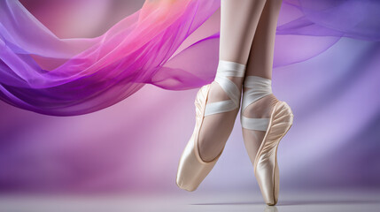 Close-up of a ballerina's legs as she dances on stage in pointe shoes.