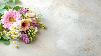 Colorful Flower Arrangement with Pink Gerbera Daisy, Peony, and Greenery on a Natural Stone Surface for Creative Projects and Designs