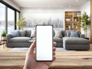 A close-up of a smartphone with a blank white screen next to a coffee cup, creating a comfortable indoor scene in a home or cafe.