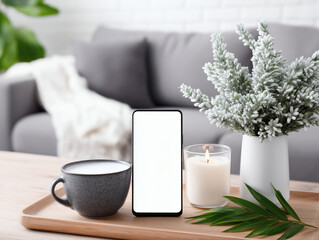 A close-up of a smartphone with a blank white screen next to a coffee cup, creating a comfortable indoor scene in a home or cafe.