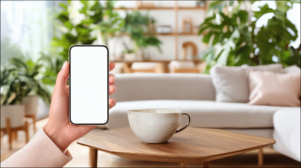 A close-up of a smartphone with a blank white screen next to a coffee cup, creating a comfortable indoor scene in a home or cafe.