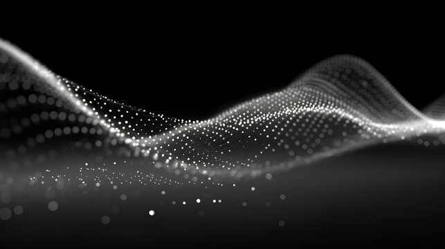 White grey dotted wave minimal glowing particle gradient, smooth technology wave on black background. The arrangement of the dots forms a smooth gradient effect - Powered by Adobe