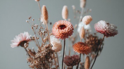 Beautiful Arrangement of Dried Flowers with Unique Textures and Colors for Home Decor or Wedding Styling Background in Soft Natural Lighting