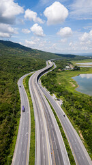 Drone shot The M6 motorway Nakhon Ratchasima Province - Bang Pa-in Lam Ta Khong River and Mountain. Motorway Korat Thailand