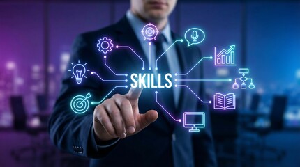 Businessman in modern office interacting with a futuristic skills concept, symbolizing professional growth and development in a dynamic work environment.