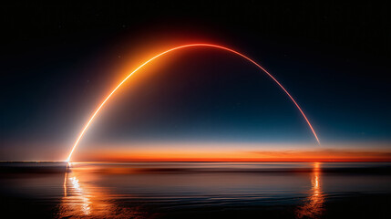 Long-exposure photographs of a rocket launch at night show light trails streaking across the deep blue night sky and reflected on the sea, a striking blend of technology and nature.