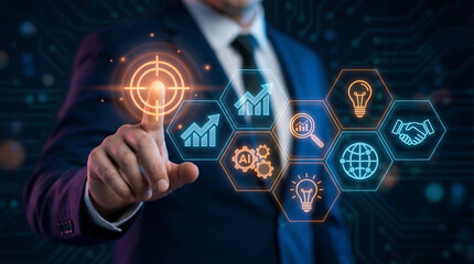 A businessman engages with a cutting-edge digital interface, representing innovation and strategic planning in a futuristic context.