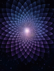 Close-up of a digital illustration of abstract fractal flowers in purple and blue, featuring glowing petals and a spiral texture effect.