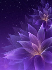 Close-up of a digital illustration of abstract fractal flowers in purple and blue, featuring glowing petals and a spiral texture effect.