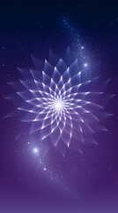 Close-up of a digital illustration of abstract fractal flowers in purple and blue, featuring glowing petals and a spiral texture effect.