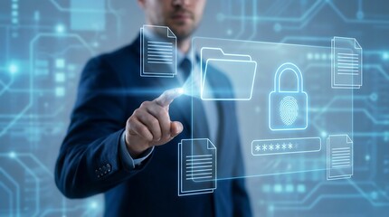 Businessman engaging with a futuristic digital interface for secure data management and protection, conveying a sense of modern technology and cyber safety.
