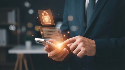 Businessman in a suit uses a smartphone with a digital lock and password interface, symbolizing secure online access and data protection in a modern office setting.