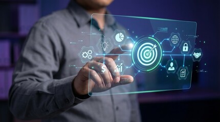 Businessman engaging with a futuristic digital interface, representing strategy, innovation, and technological advancement in a professional setting.