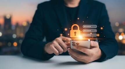 A businessman uses his smartphone with a secure lock and password protection, symbolizing cybersecurity and data privacy in a modern office setting.