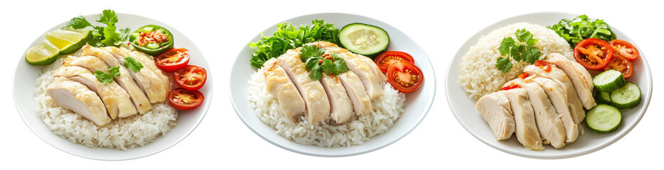 Hainanese chicken rice Khao Man Gai served with sliced cucumbers, chili, and garlic sauce in bowl isolated on white