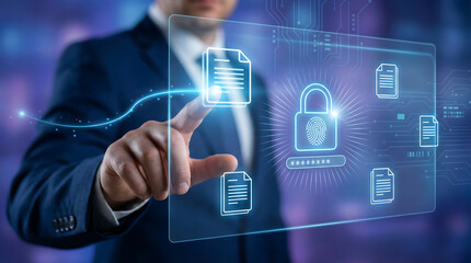 Businessman engaging with advanced digital security interface for data protection and privacy. Concept of secure access and control in modern business environment.