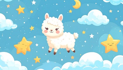 Cartoon alpaca amidst stars, moon, and clouds, in a dreamlike, cute background