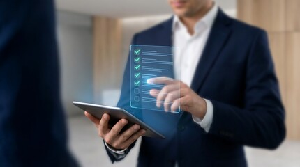 Businessman in a modern office interacts with a futuristic digital interface on a tablet, symbolizing innovation and productivity in the workplace.