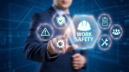 Businessman engaging with work safety icons on a futuristic interface, conveying protection and security in a modern office setting.