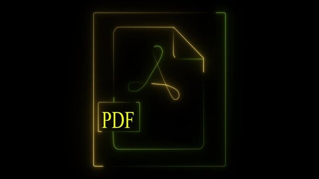 Glowing yellow and green neon PDF document file icon animation featuring the Adobe Acrobat symbol outline on a professional black background.