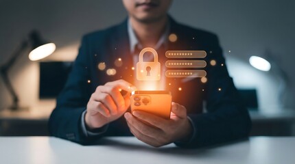 Businessman securing mobile data with digital lock and password protection in modern office setting for enhanced cybersecurity and data privacy
