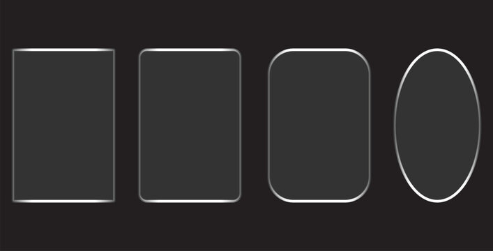 Collection of four distinct rectangular and oval placeholder shapes featuring subtle metallic silver borders over a stark black background ideal for user interface mockups