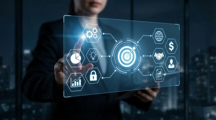 Businesswoman engaging with a futuristic digital interface in a modern office at night, symbolizing innovation, strategy, and growth.