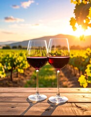 Two red wine glasses stand on a wood table overlooking a vineyard at sunset
