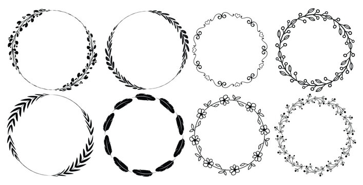 Collection of eight distinct circular decorative borders featuring various botanical elements such as leaves berries and delicate flower outlines perfect for elegant design projects