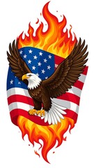Eagle spreads wings over US flag engulfed in flames