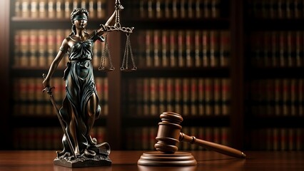 Statue of Lady Justice holding scales and sword, gavel on a wooden table, law library