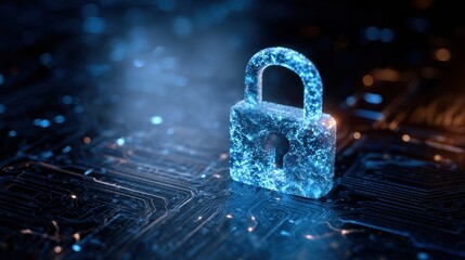 Digital padlock glowing on circuit board