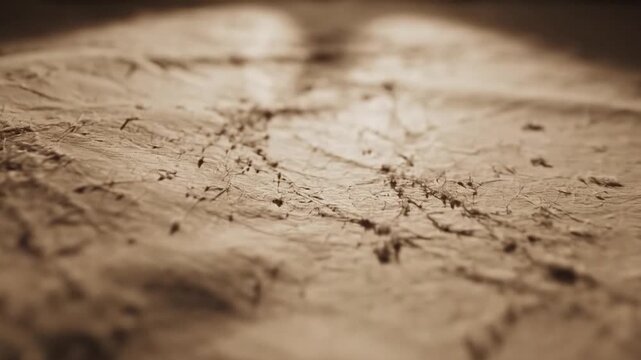 Close-up of dry, cracked, sepia-toned ground with abstract fibrous textures, shallow focus