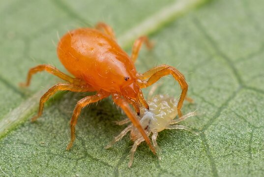 Extreme macro of Phytoseiidae mite capturing prey in hunting attack. Biological pest control moment visible. For agricultural science and IPM educational content.