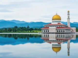 Fototapeta premium Beautiful Mosque Reflection on Lake with Gold Dome, Islamic Architecture