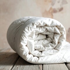 Rolled white quilt on rustic wood surface
