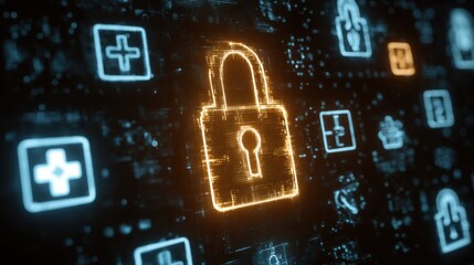 Digital security padlock and icons futuristic glow