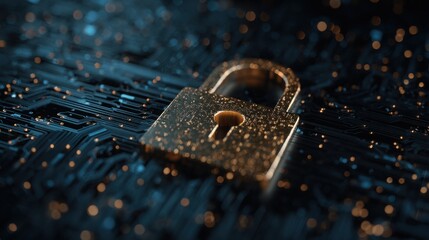 Digital security padlock on abstract circuit board