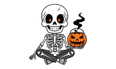 WebCute Halloween skeleton cartoon illustration holding spooky pumpkin, funny skull character, festive horror art, smiling skeleton design isolated