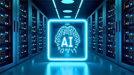 Futuristic Data Center with Glowing Neon Brain and “AI” Symbol in Central Server Aisle, Surrounded by Blue-Lit Server Racks Representing Artificial Intelligence Infrastructure and High-Tech Computing 