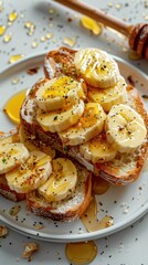 Honey Banana Toast: A close-up slice of artisan toast, with fresh banana slices and drizzled with golden honey
