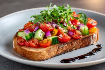 Fresh bruschetta topping toasted bread with balsamic glaze