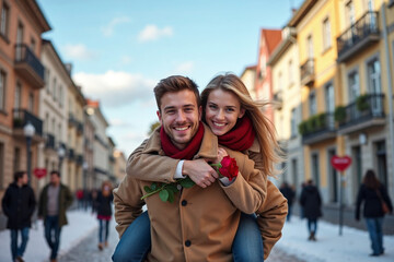 Obraz premium Happy Couple in Love Having Fun with Piggyback Ride in European City Street