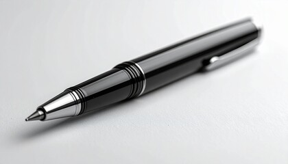 Glossy black and silver ballpoint pen with textured grip—sleek precision on white surface.