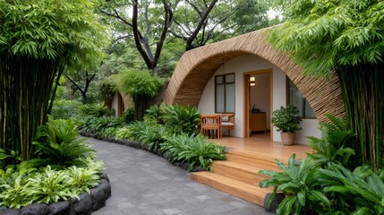 Eco-friendly resort bungalow blending with lush nature