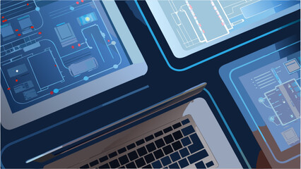Fototapeta premium Flat vector illustration of a coding workflow with screens and laptop on a desk in a modern office setting with blue and white hues with technology