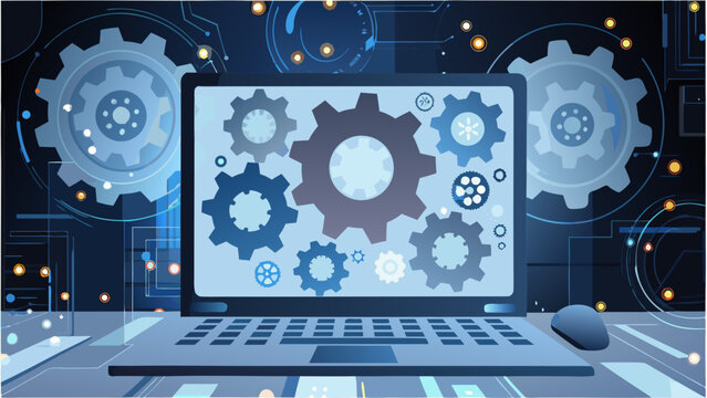 Flat vector illustration of a laptop with gears on screen representing ai powered automation and technology with innovation and software and engineering