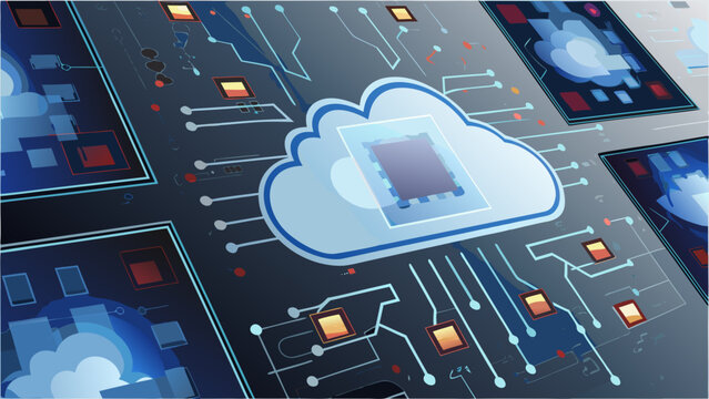 Flat vector illustration of a cloud based software concept with circuit board and microchip technology with cloud computing and software development